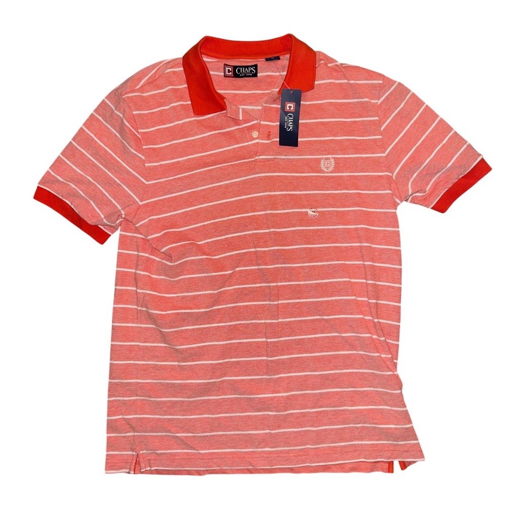 Chaps Mens Orange White Striped Short Sleeve Cotton Pique Polo Shirt Medium NWT